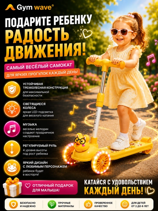 Самокат, детский самокат, самокат для детей, трехколесный самокат, регулируемый руль