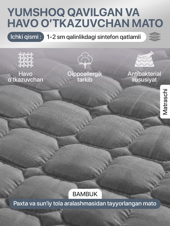 Bambukli matras uchun qoplama namatrasnik, rezinkali matrasga chexol
