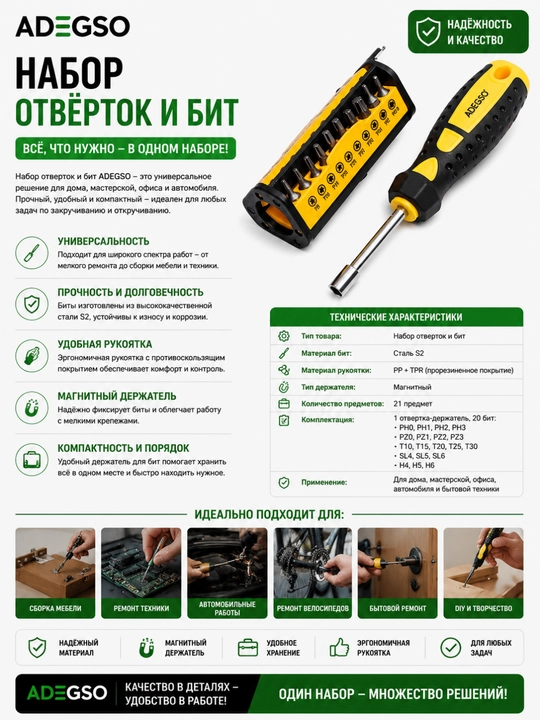 Набор отверток и бит ADEGSO, 19–31–25 шт - 