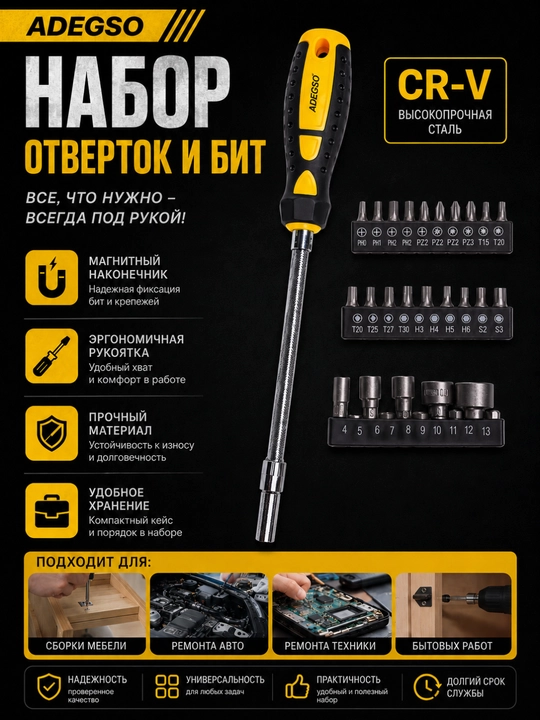 Набор отверток и бит ADEGSO, 19–31–25 шт - 