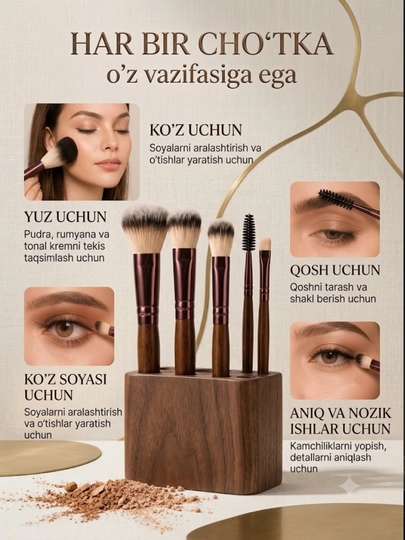 Yog‘och dastali professional pardoz cho‘tkalari to‘plami, 5 ta buyum