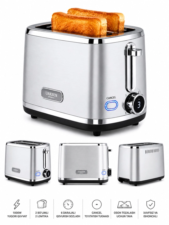 UAKEEN 2 Bo‘limli Toster – 1000W Non Qizdirgich - 