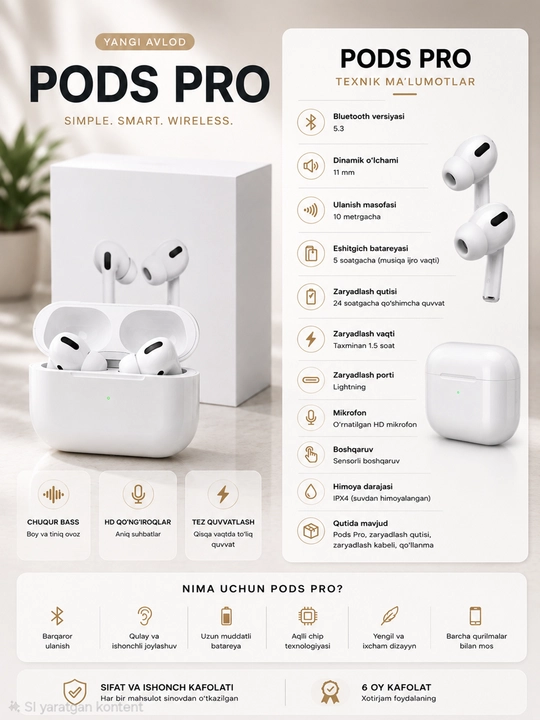 Pods 3, Pods Pro simsiz quloqchin, Android va iPhone uchun Bluetooth sensorli quloqchinlar