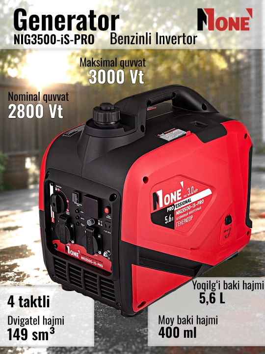 Benzinli invertorli generator bir fazalik NUMBER ONE NIG3500-iS-PRO max 3.0 kVt