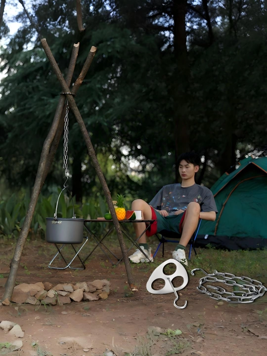 304 zanglamas po‘lat qozon osish uchoyoqli tripod (zanjir+ilgak), piknik/olov uchun