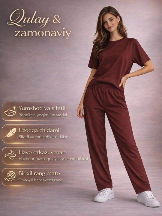 Ayollar sport kostyumi, 2 qismli to'plam, oversize futbolka va keng shim - 