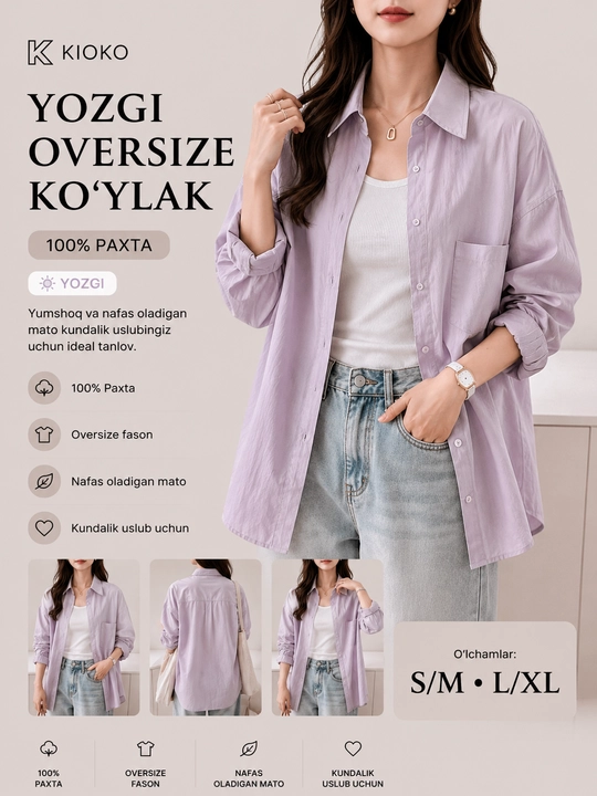 Ayollar ko‘ylagi Kioko, paxtali ayollar ko‘ylagi, oversize - 