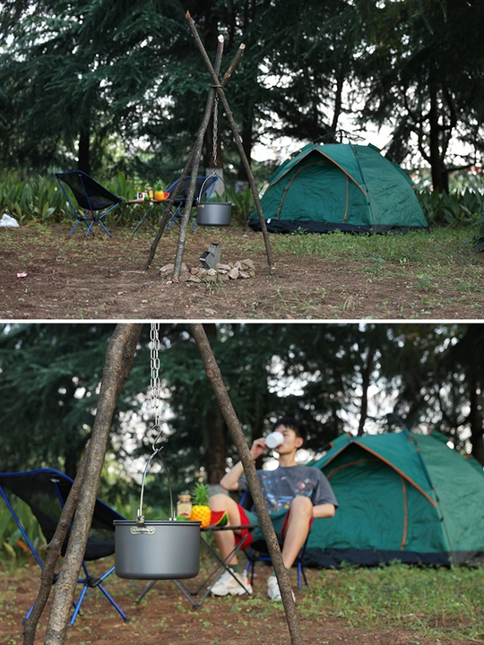 304 zanglamas po‘lat qozon osish uchoyoqli tripod (zanjir+ilgak), piknik/olov uchun