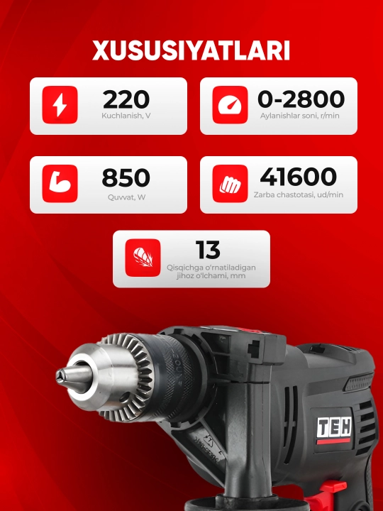 Zarbli drel TEH TD1309A, 850 Vt, 41600 ud/min, 2800 ob/min