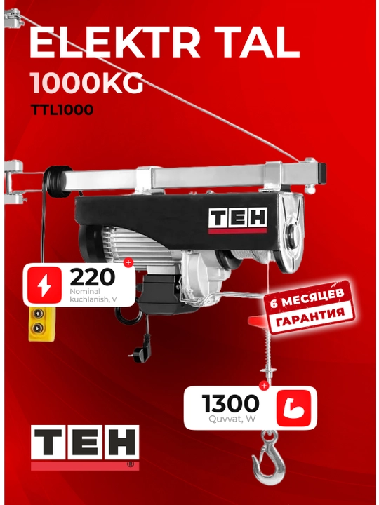 TEH elektr tal (telfer) TTL1000, 1300 W, 500/1000 kg, 12 m, 220 V