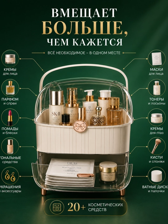 Органайзер для косметики с крышкой и выдвижным ящиком, пылезащитный бокс - 