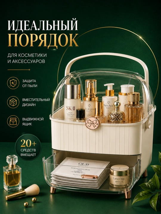 Органайзер для косметики с крышкой и выдвижным ящиком, пылезащитный бокс