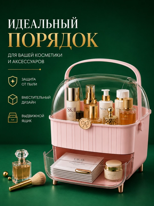 Органайзер для косметики с крышкой и выдвижным ящиком, пылезащитный бокс - 