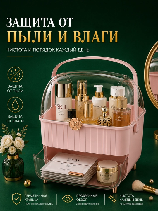 Органайзер для косметики с крышкой и выдвижным ящиком, пылезащитный бокс
