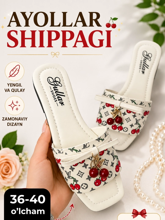 Ayollar shippagi - yozgi ochiq poyabzal, olcha shaklidagi bezakli, 36-40 o‘lchamli