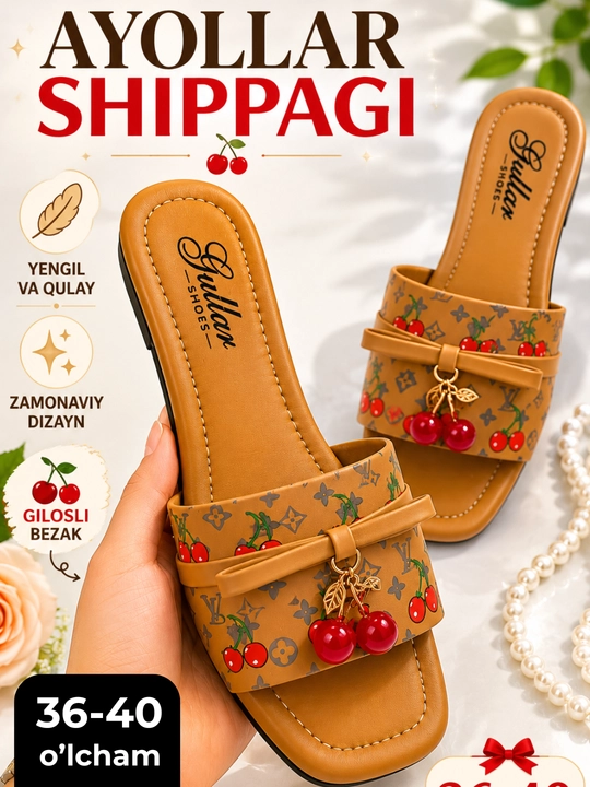 Ayollar shippagi - yozgi ochiq poyabzal, olcha shaklidagi bezakli, 36-40 o‘lchamli