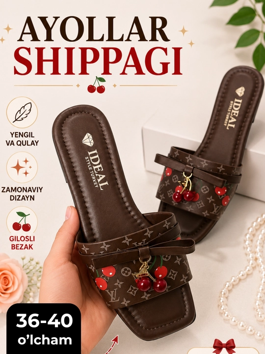 Ayollar shippagi - yozgi ochiq poyabzal, olcha shaklidagi bezakli, 36-40 o‘lchamli - 