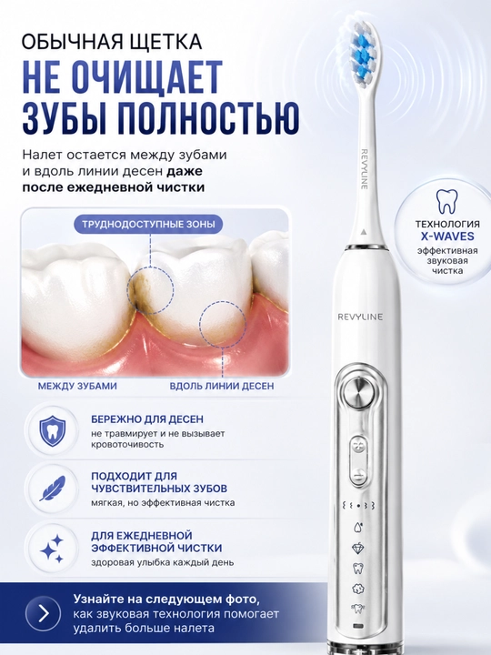 Электрическая зубная щетка Revyline RL 010 White, 5 режимов, 3 насадки, IPX7 - 