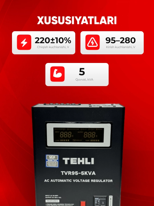 Avtomatik kuchlanish stabilizatori TEH TVR95, 95-280 V, 5, 10, 12, 15 ,20 kVA