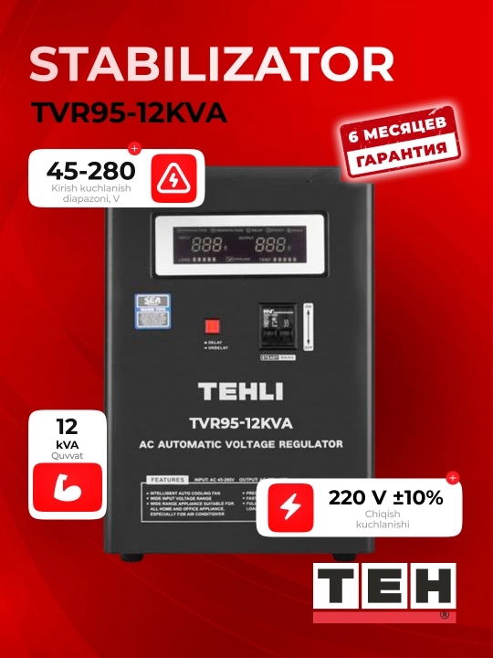 Avtomatik kuchlanish stabilizatori TEH TVR95, 95-280 V, 5, 10, 12, 15 ,20 kVA