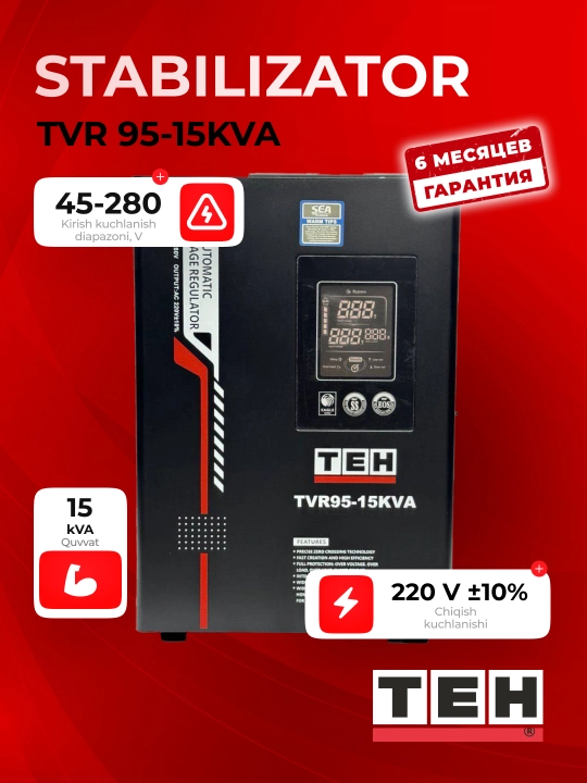 Avtomatik kuchlanish stabilizatori TEH TVR95, 95-280 V, 5, 10, 12, 15 ,20 kVA