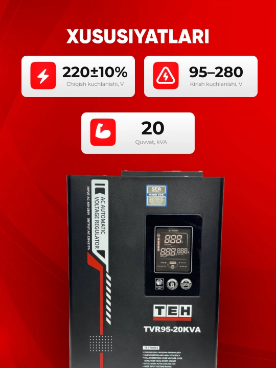 Avtomatik kuchlanish stabilizatori TEH TVR95, 95-280 V, 5, 10, 12, 15 ,20 kVA