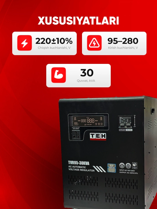 TEH TVR 95-30KVA stabilizator, 30 kVA, kirish 95–280 V, chiqish 220 V ±10%