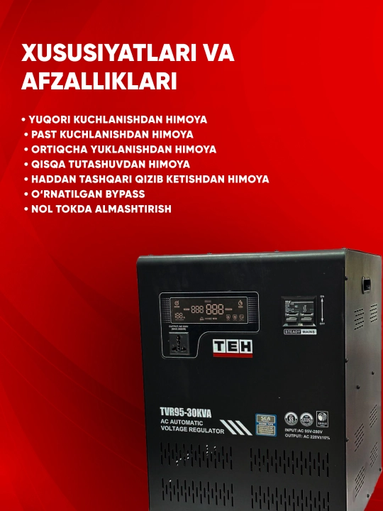 TEH TVR 95-30KVA stabilizator, 30 kVA, kirish 95–280 V, chiqish 220 V ±10%