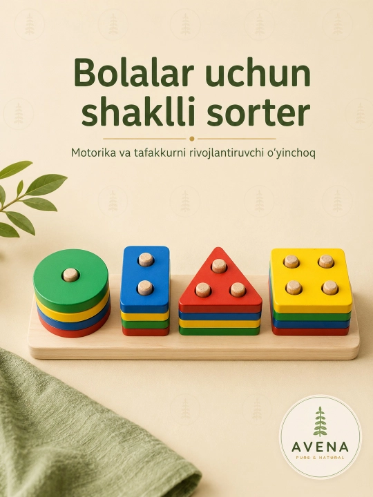 Yog'och geometrik shakllar sorteri — bolalar uchun rivojlantiruvchi o'yinchoq