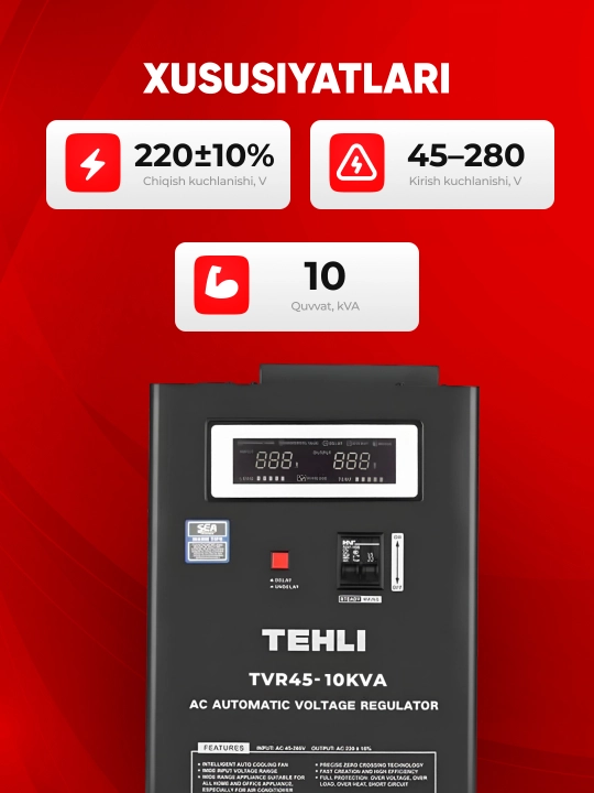 Kuchlanish stabilizatori TEH TVR 45, 10/15/20 kVA, relay, 220 V, asboblar uchun
