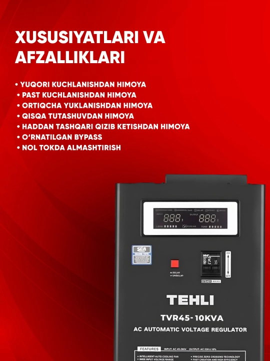 Kuchlanish stabilizatori TEH TVR 45, 10/15/20 kVA, relay, 220 V, asboblar uchun