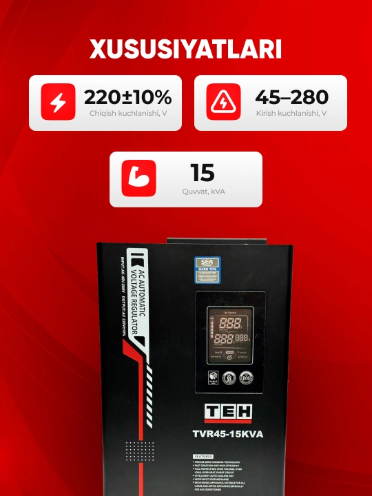 Kuchlanish stabilizatori TEH TVR 45, 10/15/20 kVA, relay, 220 V, asboblar uchun