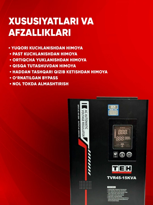 Kuchlanish stabilizatori TEH TVR 45, 10/15/20 kVA, relay, 220 V, asboblar uchun
