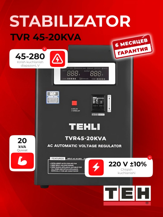 Kuchlanish stabilizatori TEH TVR 45, 10/15/20 kVA, relay, 220 V, asboblar uchun