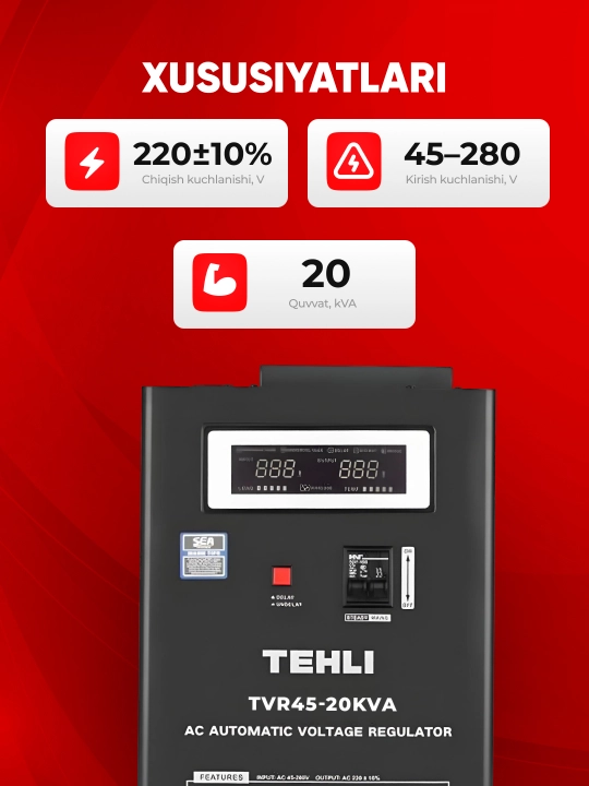Kuchlanish stabilizatori TEH TVR 45, 10/15/20 kVA, relay, 220 V, asboblar uchun