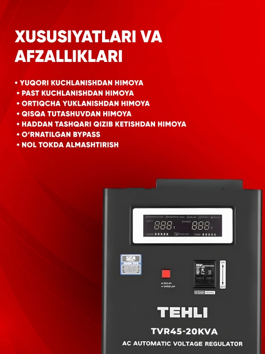 Kuchlanish stabilizatori TEH TVR 45, 10/15/20 kVA, relay, 220 V, asboblar uchun