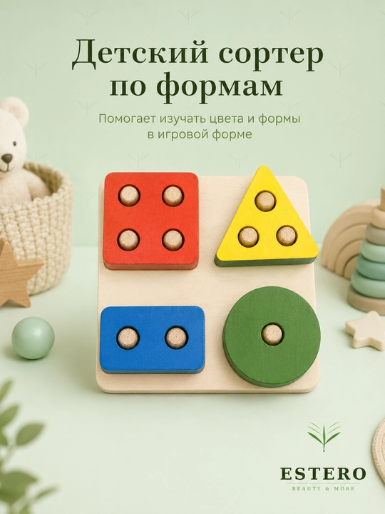 Деревянный сортер геометрических фигур для детей — развивающая игрушка