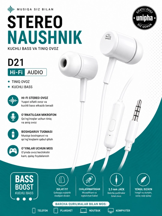 Проводные наушники D21 Hi-Fi с микрофоном 3.5 мм – Стереозвук и мощный бас - 