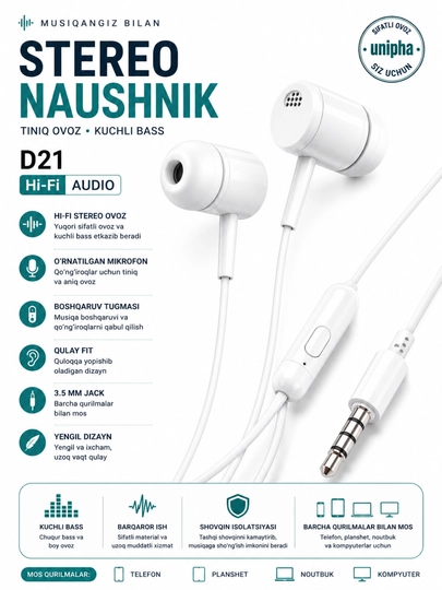 D21 Hi-Fi Simli Naushnik 3.5mm – Mikrofonli Stereo Earphones, Kuchli Bass