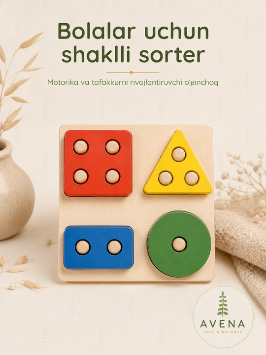 Yog'och geometrik shakllar sorteri — bolalar uchun rivojlantiruvchi o'yinchoq