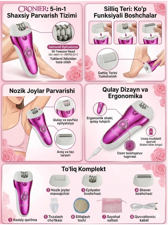 Professional epilator, CRONIER CR-8803, simsiz, tana uchun, ayollar uchun