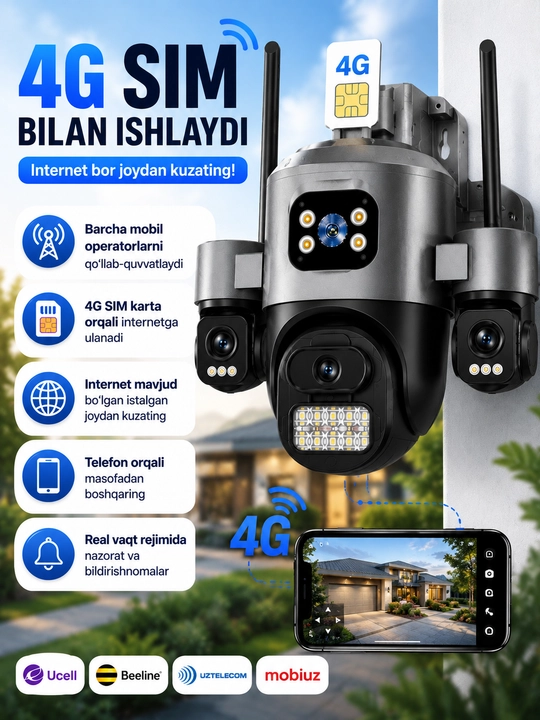 ICSee камера видеонаблюдения 3 линзы, Wi-Fi и 4G SIM-карта, уличная, IP66