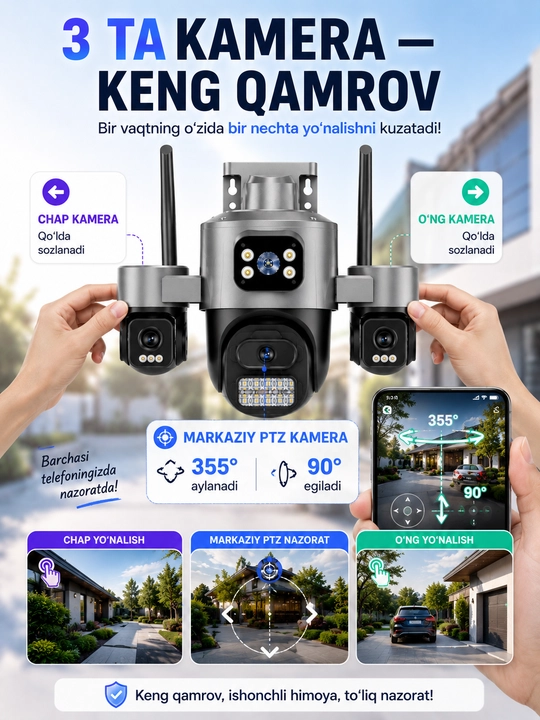 ICSee камера видеонаблюдения 3 линзы, Wi-Fi и 4G SIM-карта, уличная, IP66