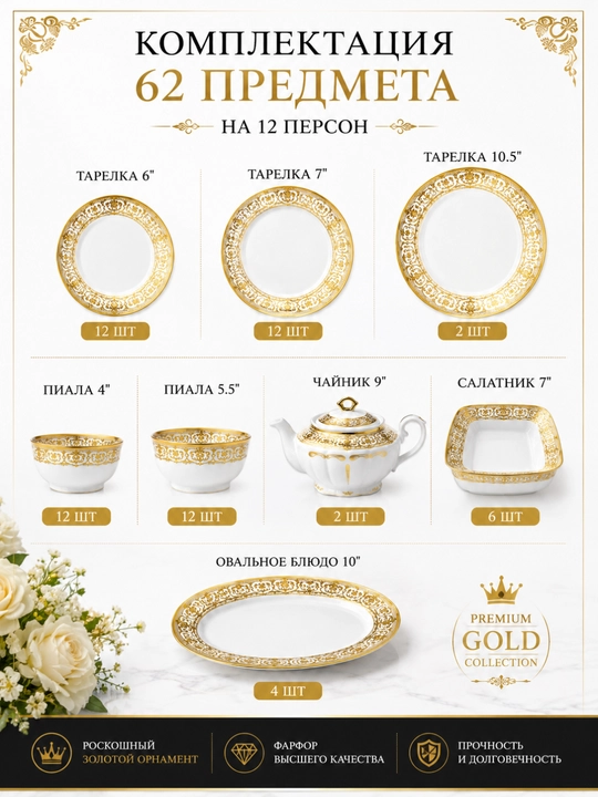 Набор фарфоровой посуды Golden Crown, 62 предмета, 12 персон, сервиз