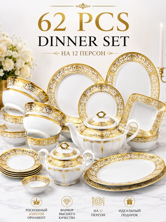 Набор фарфоровой посуды Golden Crown, 62 предмета, 12 персон, сервиз - 