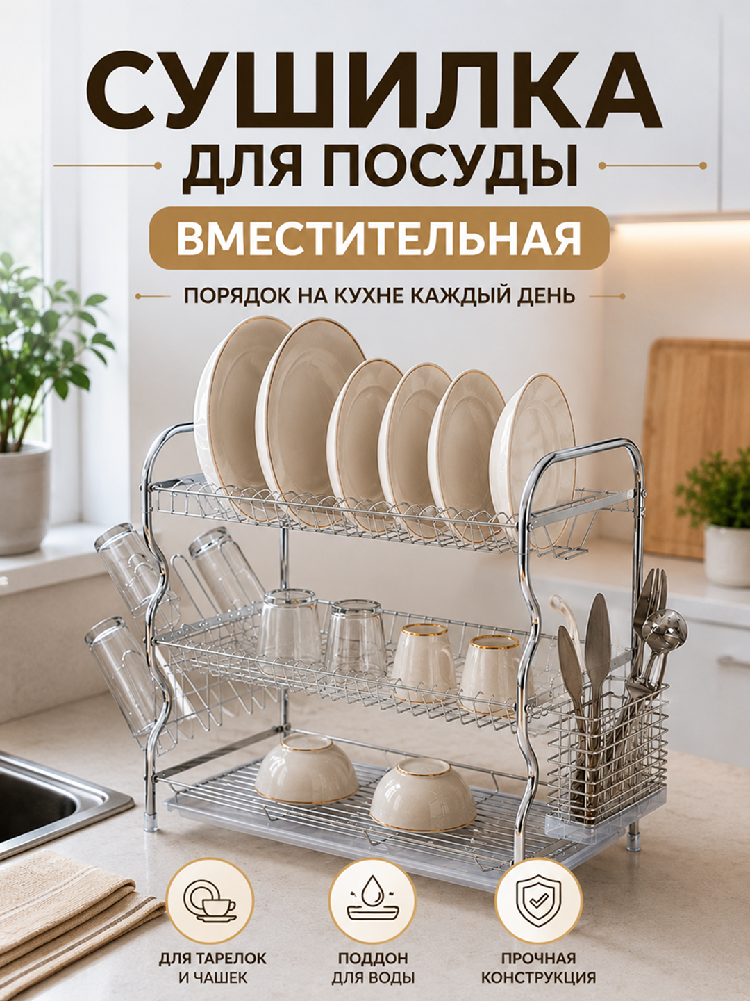 Сушилка для посуды настольная металлическая двухъярусная - 