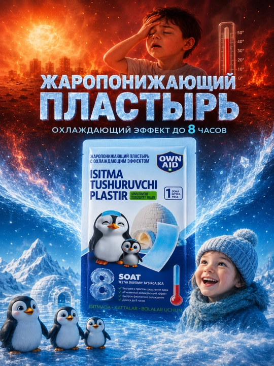 Issiqlikni pasaytiruvchi, sovituvchi plastir, 12 sm x 5 sm