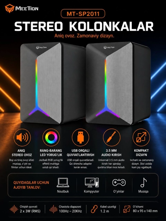Kompyuter kolonka Noutbuk uchun MEETION MT-SP2011 RGB Gaming dinamiki - 