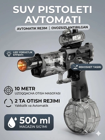 Elektr suv to'pponchasi, bolalar va kattalar uchun avtomatik o'yinchoq qurol, akkumulyator