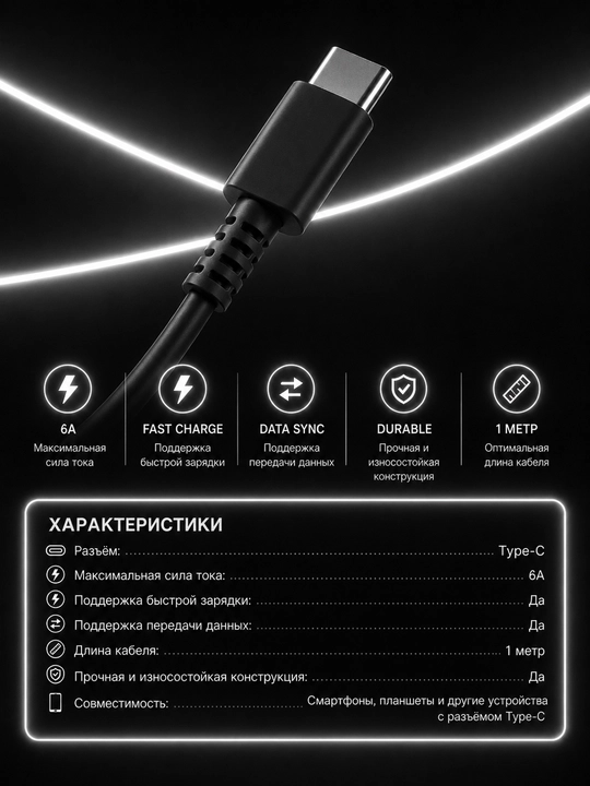 Кабель Type-C 6A Fast Charge, 1 м, для зарядки и передачи данных